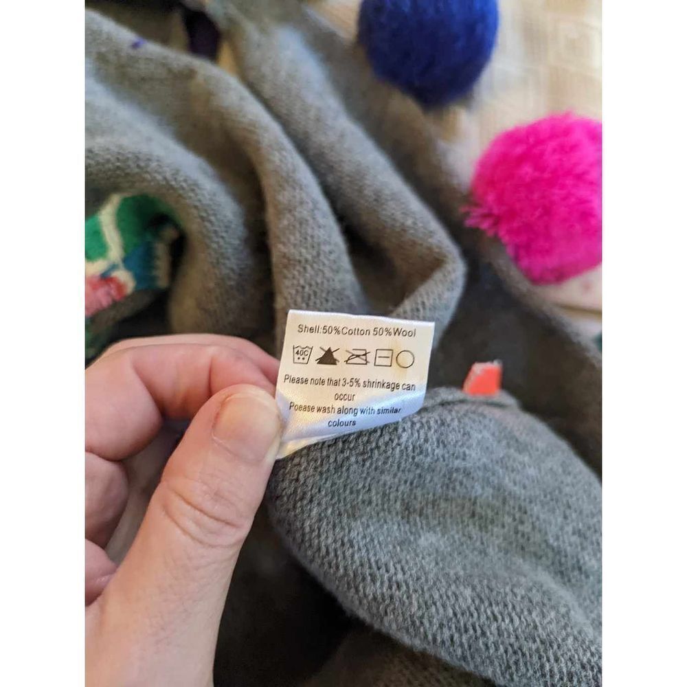 LOUIE Louis grey multicolored pom pom bird embroidered collared poncho wool x - Picture 4 of 12